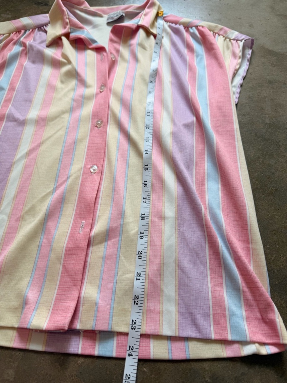 Vintage Pastel Striped Button Up Blouse Pink Yellow Short Sleeve L - Picture 9 of 9